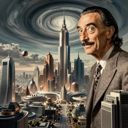 surreal futuristic city, surrealism, michael hutter. ralph mcquarrie swirly sky, esao andrews, victor enrich, dali