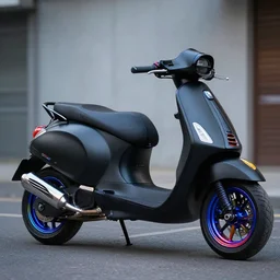 photo of the most customized scooter in the world, black matte paintjob, tuning award, big chrome exhaust, blue hour, colorful rims, 8 5 mm, f / 1. 3