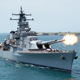 the wwii battleship USS iowa firing its main guns at an island fortress in the style of thomas cole coastal landscape. dramatic concept art, 4k, high detail, volumetric lighting
