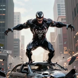 Venom symbiote standing on top of a destroyed car in an urban environment, arms stretched wide, by Marvel Studios, by Jason Chan, arms stretched wide, hyperealistic, Octane render, volumetric lighting