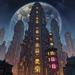 cloisonnism street view low angle view of epic intricate city with neon - lit windows on a planet in no mans sky, asymmetrical, intricate details, masterpiece, beautiful composition, bekskinski, syd mead, moebius