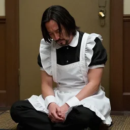 Keanu reeves in a maid outfit, depressed