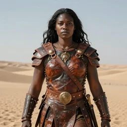 portrait, large barbarian woman, leather armor, heavy looking powerful imposing, by john willian waterhouse, jeff easley, highly detailed, hyperrealistic, dark skin, desert lands, sharp focus, soft lighting, centered, sunlight