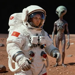 a soviet cosmonaut in mars mets for the first time with an alien civilization, sovietwave aesthetic, sci fi, soviet futurism, socialist realism, ultra detailed, hyperrealistic, trending on artstation concept art