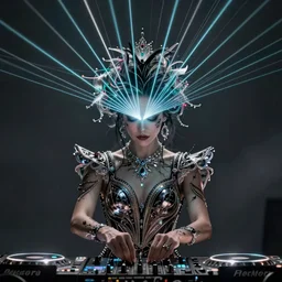 cinematic portrait of a isabelledeltore as a dj with laser hair, intricate, elegant, by alyssa monks, highly detailed, fine details, masterpiece, trending on artstation
