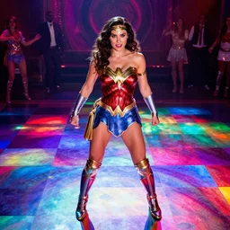 gal gadot as wonder woman in saturday night fever dancing at a disco with a glowing illuminated multicolored square tile floor