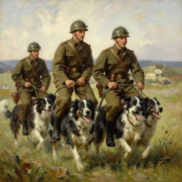 historic paintings ww1 soldiers riding happy dogs oil on canvas