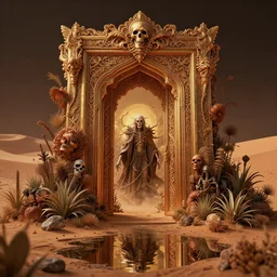 ornate doorway leading to a dead god in a desert lush vegetation, warm tones, night, water reflection : : by michal karcz, daniel merriam, victo ngai and guillermo del toro : : ornate, dynamic, particulate, intricate, elegant, highly detailed, centered, artstation, smooth, sharp focus, octane render, 3 d