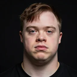 portrait of down syndrome playboi carti sharp focus, 4 k editorial photograph, soft lighting, black background