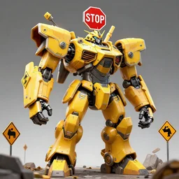 giant mecha gladiator made of yellow road signs and a red stop sign on its head, character design trending on artstation, mecha, unreal engine, octane render, detailed model, hardsurface modelling, epic battle