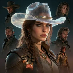 masterpiece concept art, a beautiful highly detailed sci - fi western lady in translucent hat, cinematic moody colors, realistic shaded lighting poster by ilya kuvshinov, magali villeneuve, artgerm, jeremy lipkin and michael garmash and rob rey,