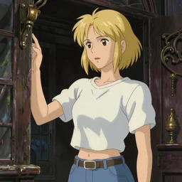 scene of a woman searching a haunted house, blonde, cropped t - shirt, jeans, horror, film still, finely detailed features, baroque, digital painting, studio ghibli, tankobon, painted by ilya kuvshinov and makoto shinkai and takashi takeuchi