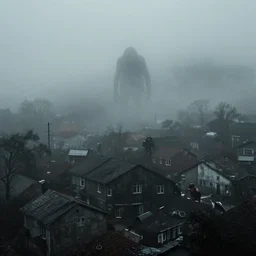 creepy town covered in heavy fog with monsters