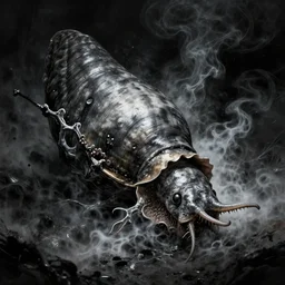 mollusk battle beyond dystopian time edge of reality, fumes, black light, hyper detailed by shigaru komatsuzaki