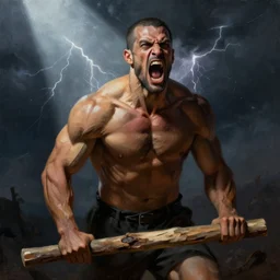 portrait of a muscular woodcutter, agressive, dark angular natural tones, harsh face, rule of thirds, screaming, spotlight, thunderstorm, by greg rutkowski, by moebius, by el greco, by picasso, digital painting