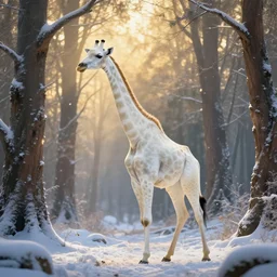 a long maned spotless albino white giraffe elk walks alone thru an enchanted forest, majestic!!! beautiful!!!, ethereal!!!, loving, ultra realistic, winter, golden hour, volumetric lighting, sharp focus