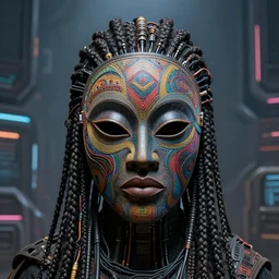 hyper realistic portrait of an intricately detailed african masked cyborg with lots of thick long braids and electrical cables in the middle of a broad cyberpunk background with lots of space all round, perfect face, fine details, colorful patterns, studio lighting, subtle shadows, art by tim okamura and karol bak, canon eos r 3, f / 1. 4, iso 2 0 0, 1 / 1 6 0 s, 8 k, raw, unedited, in - frame