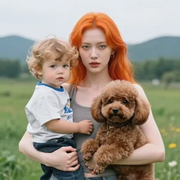 hyperrealistic portrait of a beautiful pale woman with orange hair, holding a cute curly headed boy and a brown poodle, in a scenic environment by hsiao - ron cheng, dan hillier, fintan magee