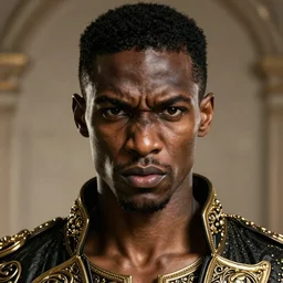 portrait of a slender tall angry rogue black man. Epic fantasy. beautiful. hyperrealism symetric face cinematic top lighting, insanely detailed and intricate, face by wlop, Charlie Bowater, golden ratio, symmetric, elegant, ornate, luxury, elite, matte painting, cinematic, trending on artstation, deviantart and cgsociety, 8k, high resolution
