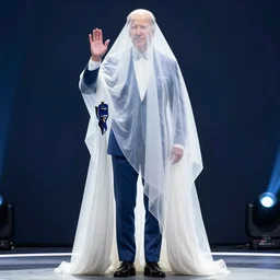 joe biden standing in front of a ghost wearing a prom dress but the dress is visible