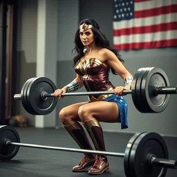 gal gadot dressed as wonder woman doing a 1 0 0 0 0 pound barbell squat