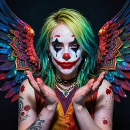 4K headshot of godlike Billie Eilish with defined arms and open hands and bloody clothes with giant mandala wings , intricate runny clown face make-up , flawless anime cel animation by Kentaro Miura, psychedelic , highly detailed upper body , professionally post-processed , beautiful, scary, symmetry accurate features, epic, octane rendered, anime masterpiece, accurate