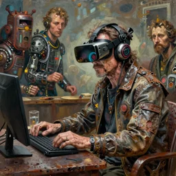 junky willem dafoe playing in gaming console, cybertronic gadgets and vr helmet, durty colours, rotten textures, rusty shapes, hard surface, biotechnology, bao phan, tim hildebrandt, wayne barlow, bruce pennington, donato giancola, larry elmore, oil on canvas, masterpiece, trending on artstation, featured on pixiv, cinematic composition, hyper - detailed, hd, hdr, 4 k, 8 k