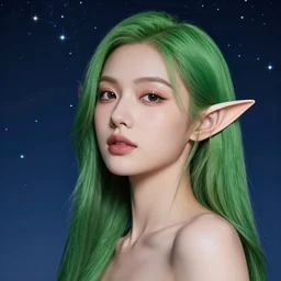 a photorealistic, stunning, beautiful elf, professionally retouched, soft lighting, hyper realistic, beautifully detailed starry sky in background, gorgeous round lips, smooth skin, green hair, black eyes, bright colorful stars, wide angle, sharp focus, 8 k high definition, 6 4 megapixels, insanely detailed, breathtakingly beautiful