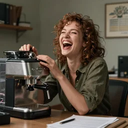 an insane woman destroys a coffee machine while laughing manically, realistic scene in an office