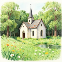 abandoned church in a forest flower meadow with a pond landscape, colored pencil drawing