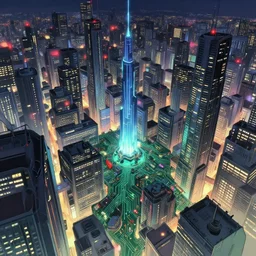 looking down the city on the circuit board, amazing futuristic, scientific and technological sense. cinematic lighting, hyperdetailed, extra wide, japanese animation, greg rutkowski, james gurney, johannes voss.