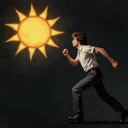 man looking at the sun, outrun, outrun sun, 8 0 s, high details, dark, by wlop