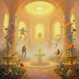 a bright minimalist bioluminescent oil painting by donato giancola, warm coloured, cinematic scifi luxurious futuristic foggy steam filled victorian garden with microscopy radial windows flowers growing out of pretty bulbous ceramic fountains, gigantic pillars and flowers, maschinen krieger, beeple, star trek, star wars, ilm, atmospheric perspective