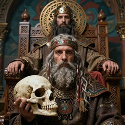 ancient slavic tribal wargod close-up portrait shaman holding a skull, behind him king sitting on intricate wooden throne, halo, intricate artwork by Darius Zawadzki, James jean, Noah Bradley, very coherent artwork, cinematic, hyper realism, high detail, octane render, unreal engine, 8k, Vibrant colors, High contrast, depth of field, aperture f1.2