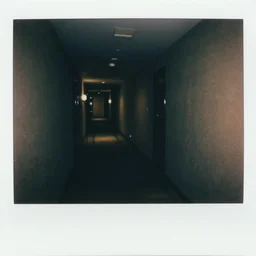 a flooded hotel hallway at night, dark, dim, no light, underexposed, old polaroid,