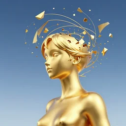 a golden woman 2/3 figurative anime portrait, in space, head breaking apart and spiraling geometry into the sky upwards into another dimension, lazer light beaming down to top of her head, by moebius and Yoshitaka amano