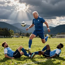 Joe Biden playing soccer, doing a step over, breaking ankles, his opponents falling over