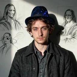 ( thirtytsix years old!!!, quirky, melancholic ) [ [ [ lee evans ] ] ] as [ [ [ tristan thorn ] ] ] ( with a hat ) in stardust ( 2 0 0 7 ), sketch by leonardo da vinci, van dyck and rembrandt, overcast lighting, high contrast, strong shadows, inspired by robert capa