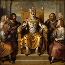renaissance painting of a serval cat as a monarch sitting upon a grand throne, surrounded by their subjects, depiction of society, serval cat, painting by leonardo davinci
