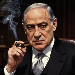 portrait of benjamin netanyahu as the godfather smoking a cigar, anime style, cinematic, dark, foreboding, establishing shot