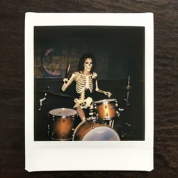 skeleton drummer, wild, flash polaroid photo, underground party,