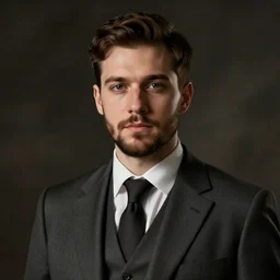 portrait of a young android in his twenties, suit and tie, short beard, historic portrait, dramatic lighting, octane render