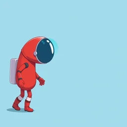 2 d cartoon of a red, short, bean shaped astronaut with no arms and a long blue visor