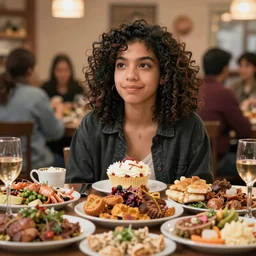 curly haired mixed Hispanic 20 year old with a huge underbite looks in awe at a gigantic feast in front of him