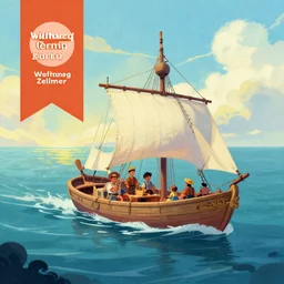 a painting of a boat with people on it floating in the ocean, a storybook illustration by Wolfgang Zelmer, behance contest winner, fantasy art, storybook illustration, 2d game art, official art