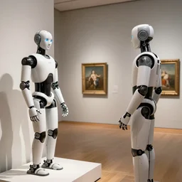 humanoid robots viewing art at a museum