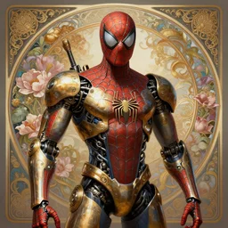 portrait of spiderman robot steampunk, floral! horizon zero dawn machine, intricate, elegant, highly detailed, ray tracing, digital painting, artstation, concept art, smooth, sharp focus, illustration, art by artgerm and greg rutkowski and alphonse mucha, 8 k