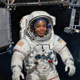 “nigerian female astronaut on board international space station wearing space suit and translucent helmet, highly detailed, fish eye lens, in the style of Edward hooper oil painting”
