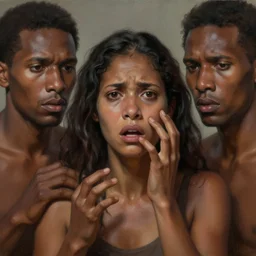 a painting of a brown womanterrified of three brown men, hyperrealistic faces, detailed digital art, aesthetic!, trending on artstation, anatomically correct face and fingers