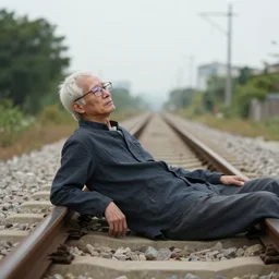 pale man with square glasses relaxing on train tracks